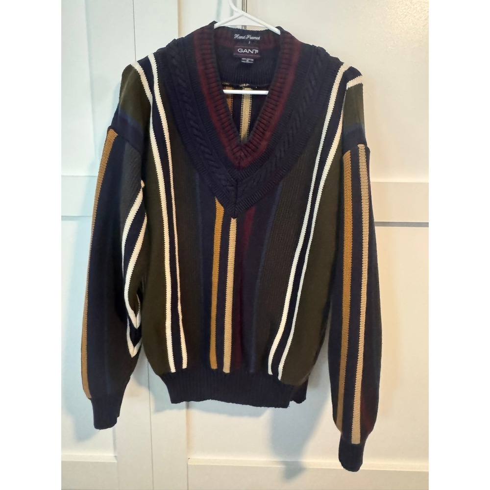 Gant Hand Framed Vintage 90s Striped V-Neck Cotton Sweater Mens Medium Multi
